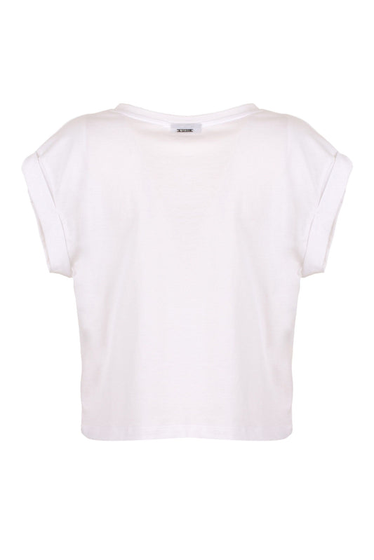 Imperfect Chic White Cotton Tee with Brass Accents