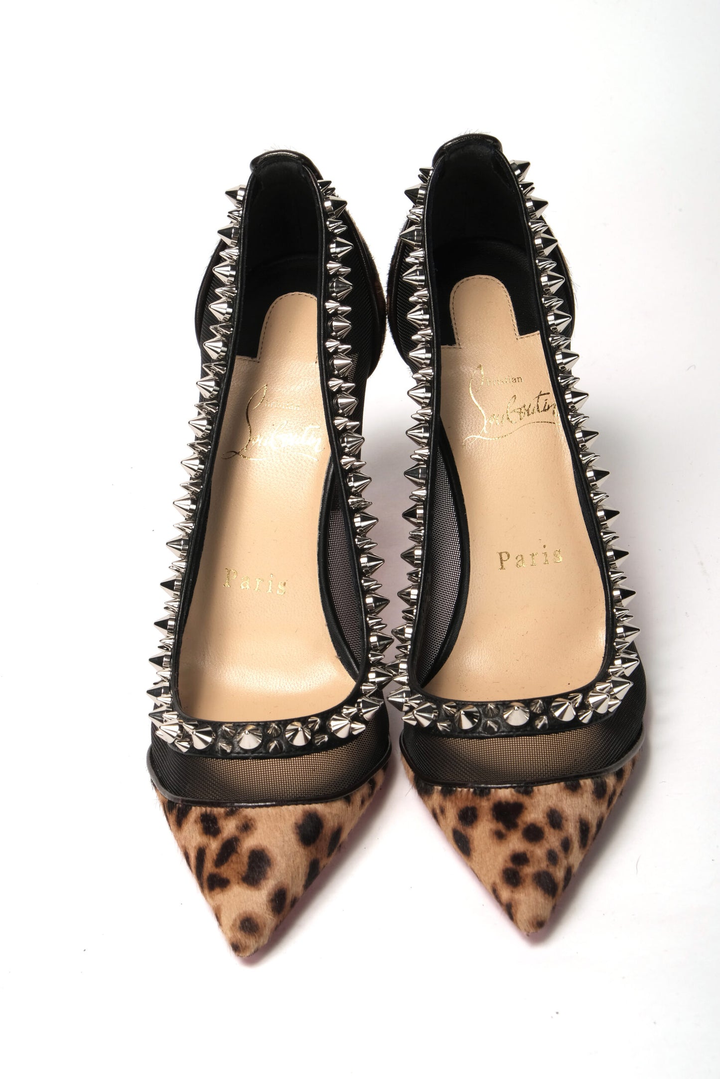 Christian Louboutin Brown Silver Leopard Nappa And Mesh Studded High Heels Pumps