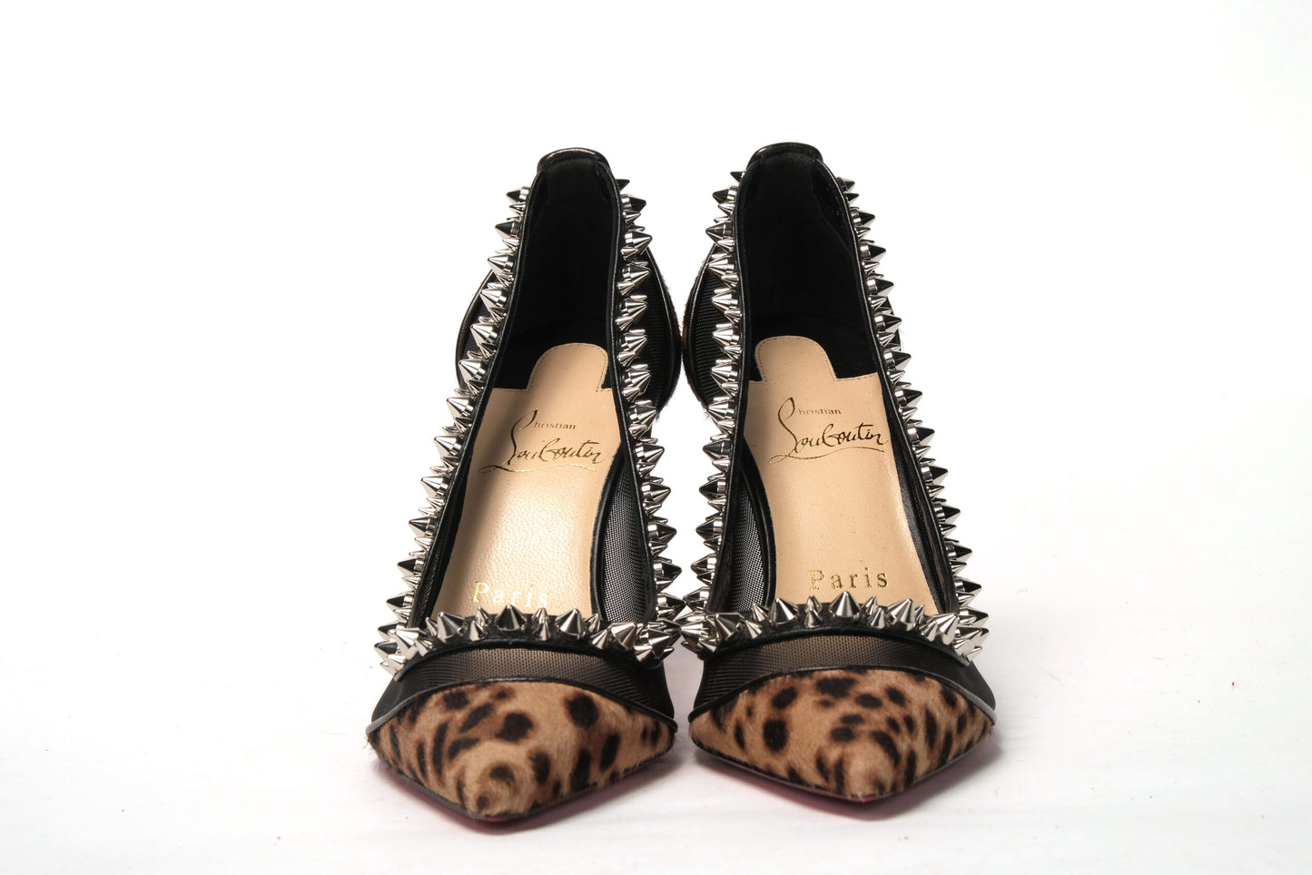 Christian Louboutin Brown Silver Leopard Nappa And Mesh Studded High Heels Pumps
