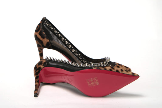 Christian Louboutin Brown Silver Leopard Nappa And Mesh Studded High Heels Pumps