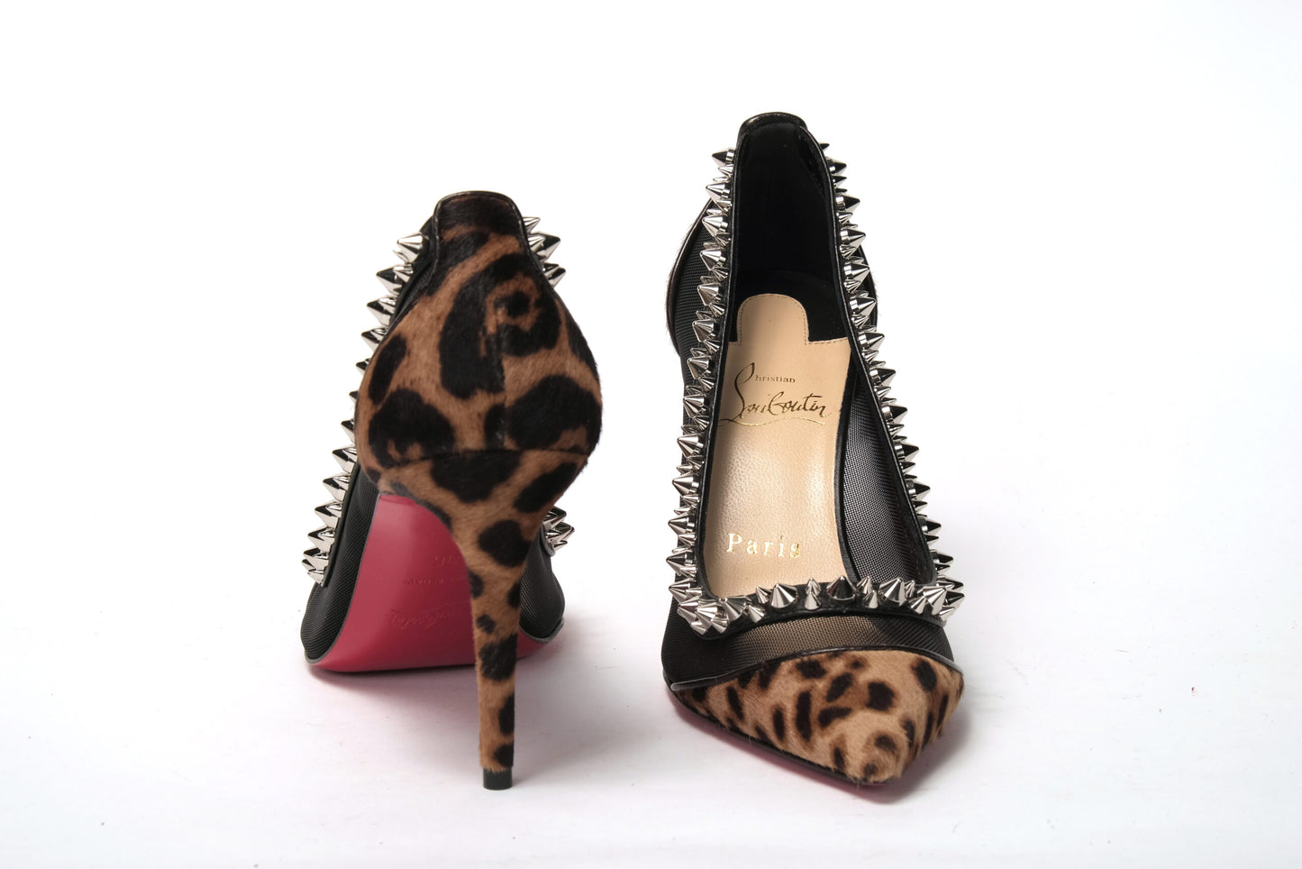 Christian Louboutin Brown Silver Leopard Nappa And Mesh Studded High Heels Pumps