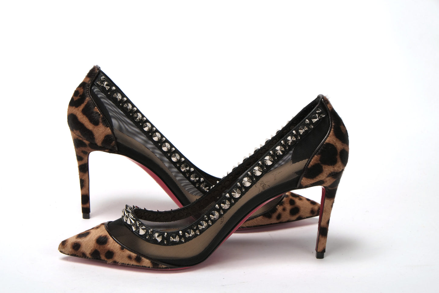 Christian Louboutin Brown Silver Leopard Nappa And Mesh Studded High Heels Pumps