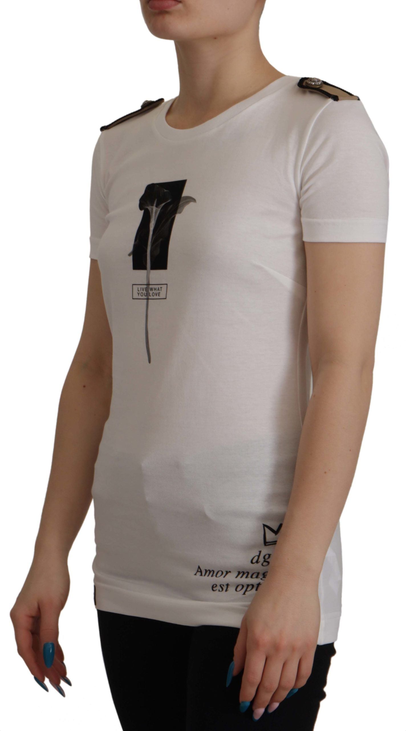 Dolce & Gabbana White Black Roses Crewneck Cotton T-shirt