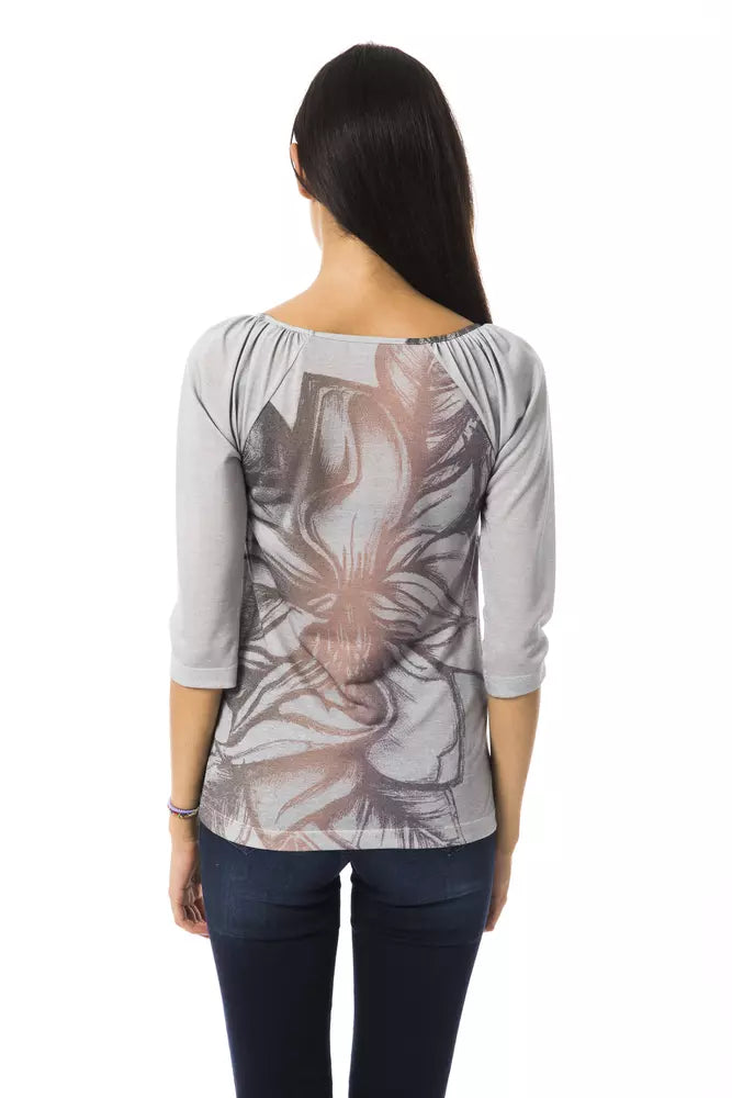 BYBLOS Chic Open Neck Long Sleeve Tee in Gray
