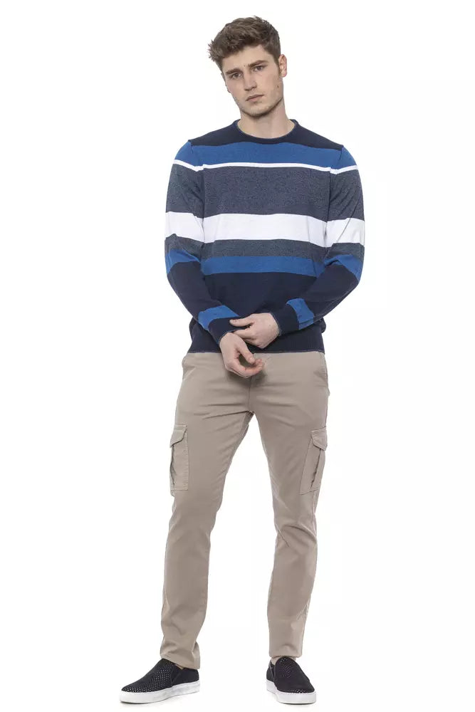 Conte of Florence Elegant Striped Crewneck Sweater in Blue