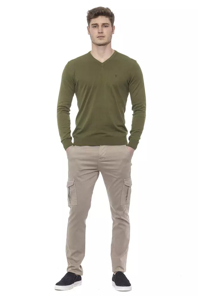 Conte of Florence Elegant V-Neck Green Cotton Sweater