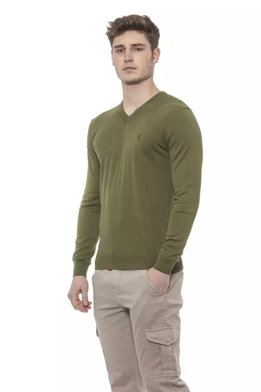 Conte of Florence Elegant V-Neck Green Cotton Sweater