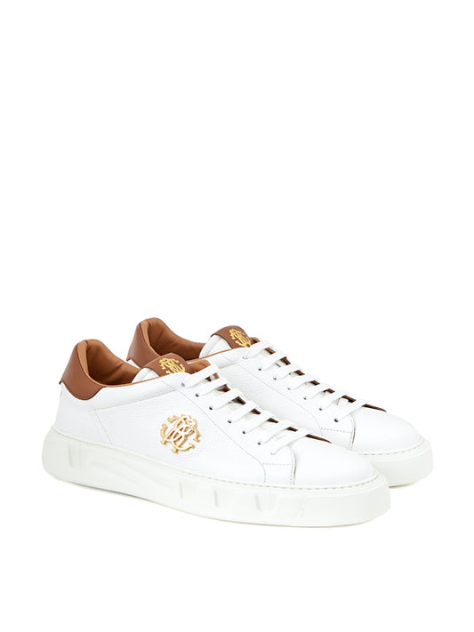 Roberto Cavalli Elegant White Leather Sneakers with Gold Accents