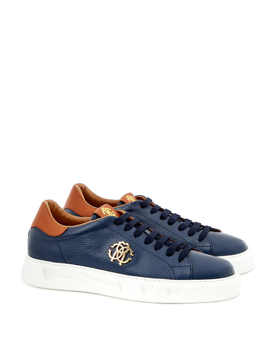 Roberto Cavalli Elegant Blue Leather Sneakers with Gold Accents