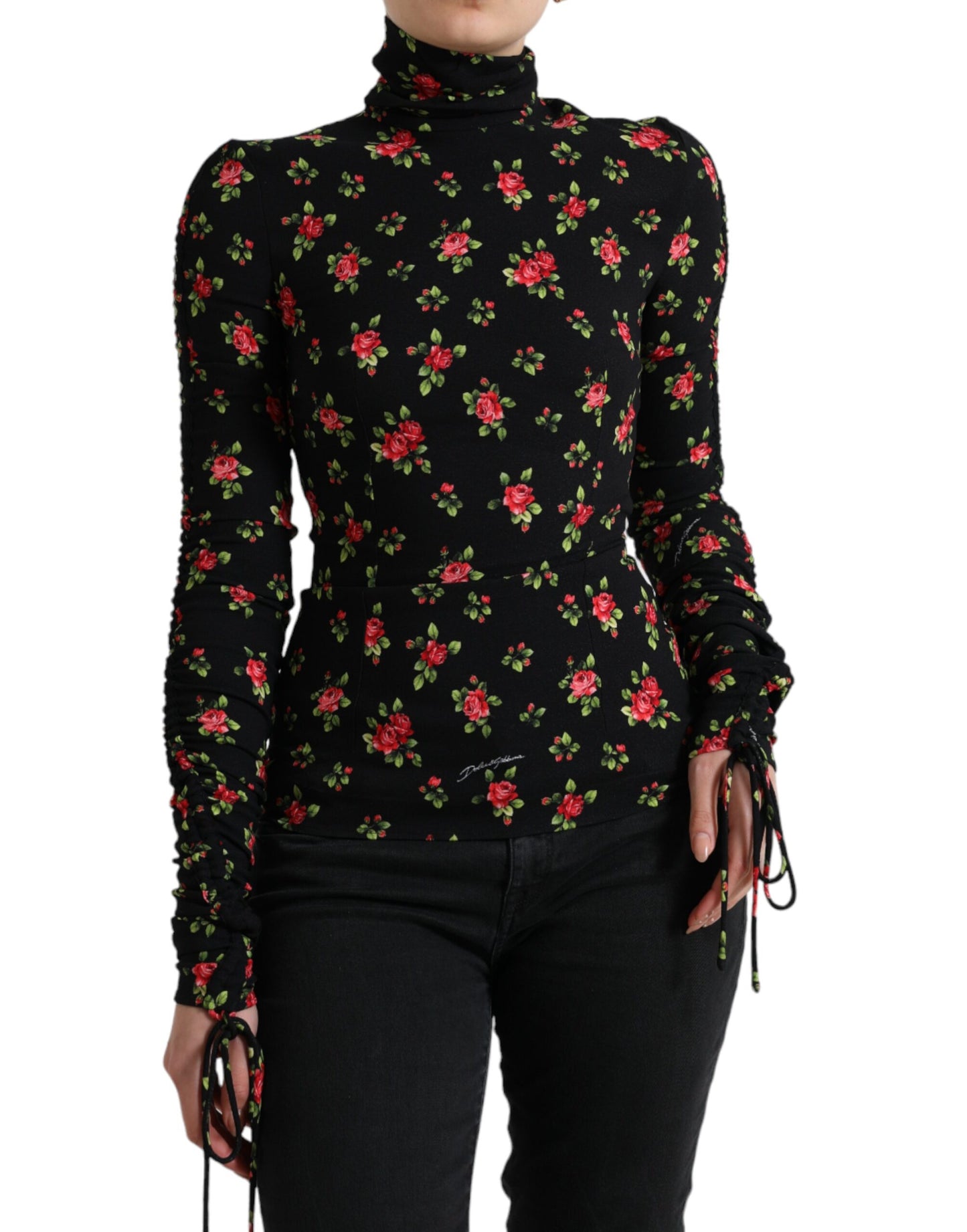 Dolce & Gabbana Black Rose Print Turtle Neck Blouse Top