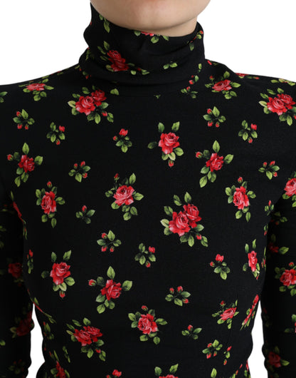 Dolce & Gabbana Black Rose Print Turtle Neck Blouse Top