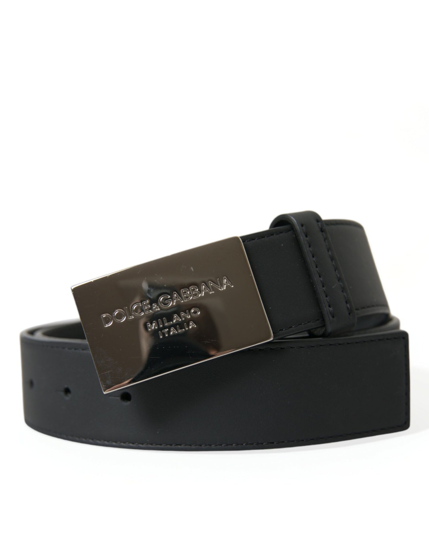 Dolce & Gabbana Black Leather Silver Metal Buckle Men Belt