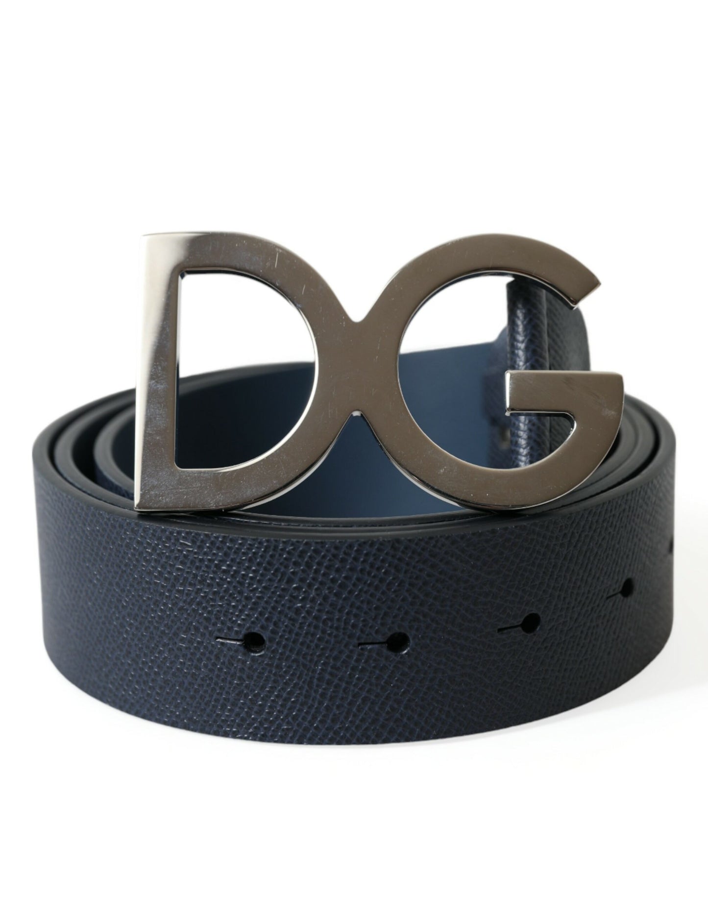 Dolce & Gabbana Blue Leather Silver Logo Metal Buckle Belt