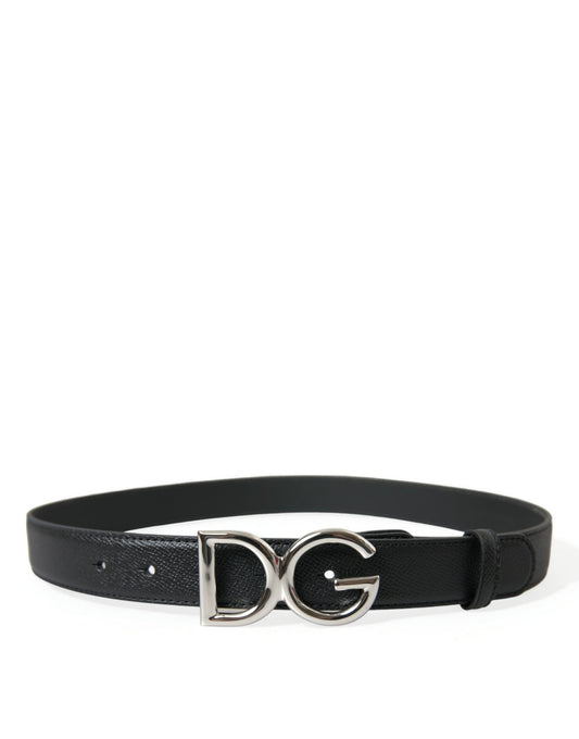 Dolce & Gabbana Black Leather Silver DG Logo Buckle Belt