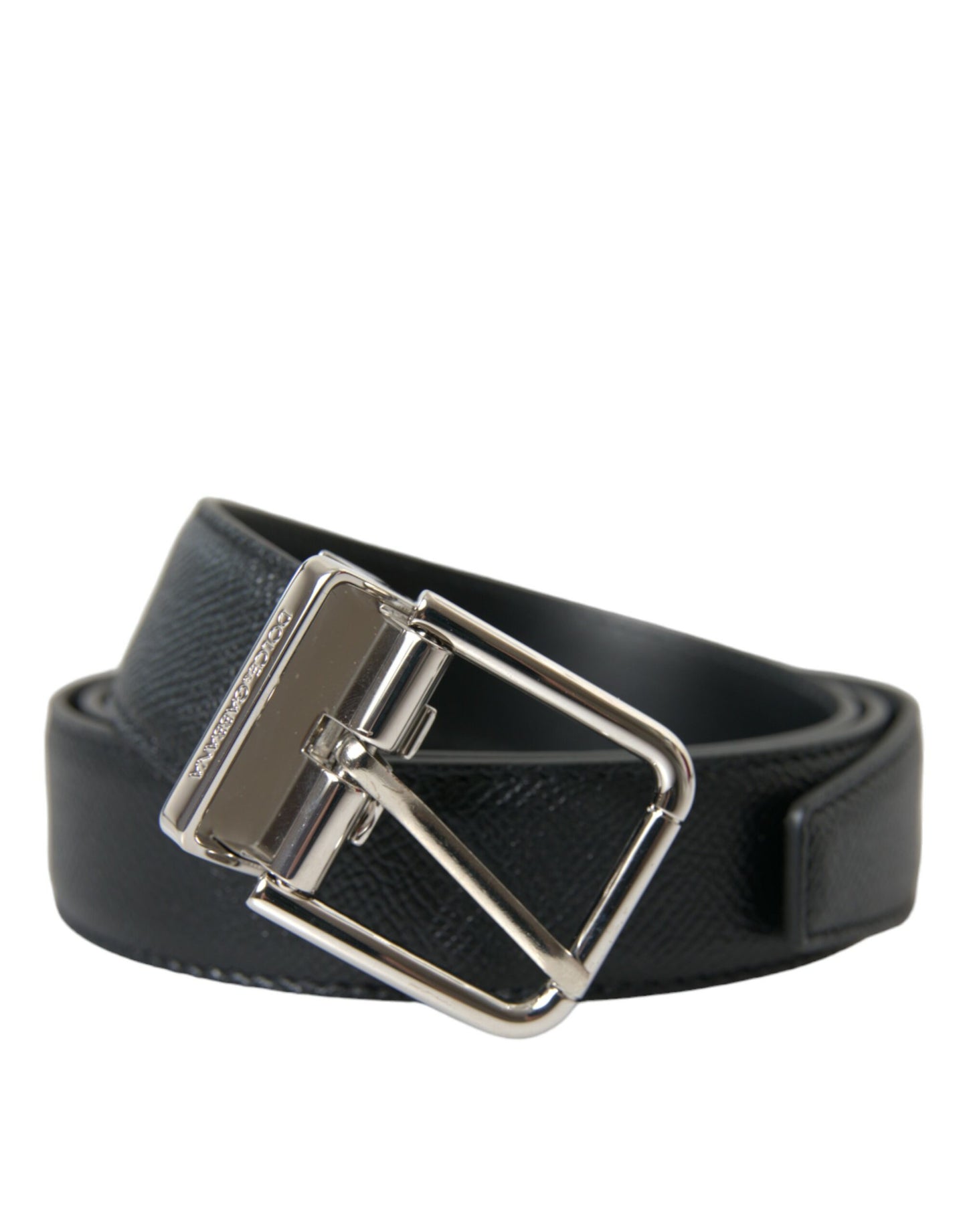 Dolce & Gabbana Black Calf Leather Silver Metal Buckle Belt