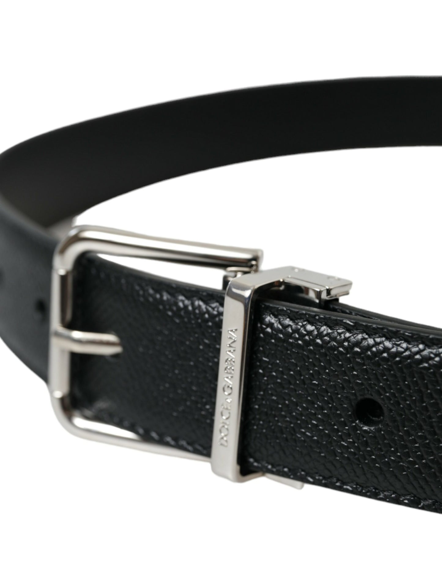 Dolce & Gabbana Black Calf Leather Silver Metal Buckle Belt