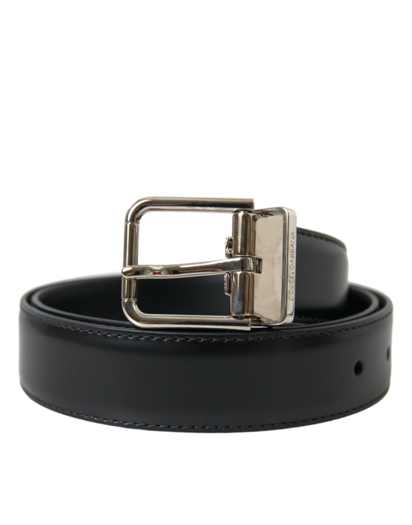 Dolce & Gabbana Black Calf Leather Silver Metal Buckle Belt