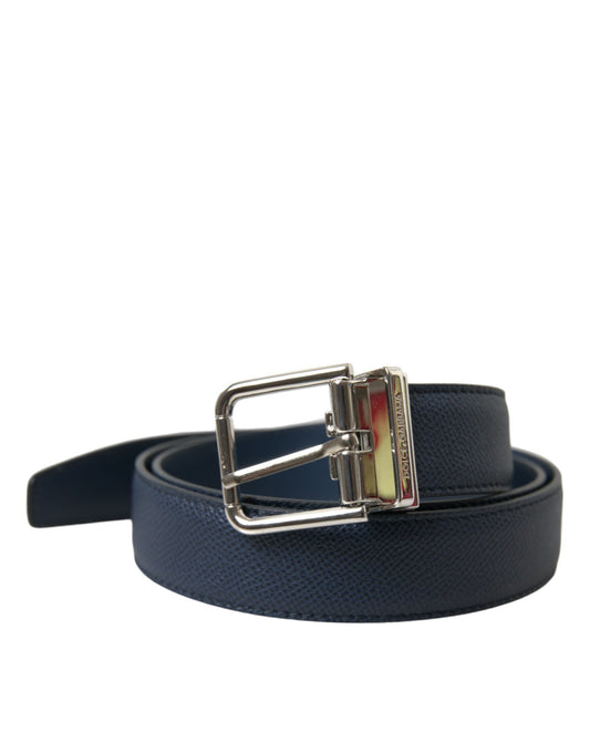 Dolce & Gabbana Navy Blue Leather Silver Metal Buckle Belt