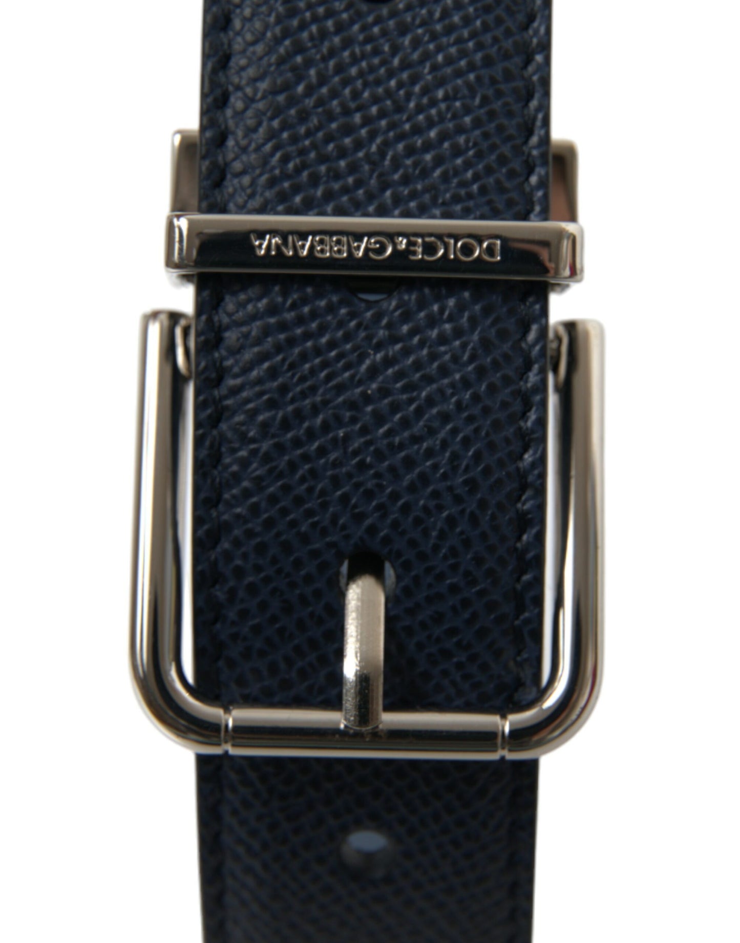 Dolce & Gabbana Navy Blue Leather Silver Metal Buckle Belt