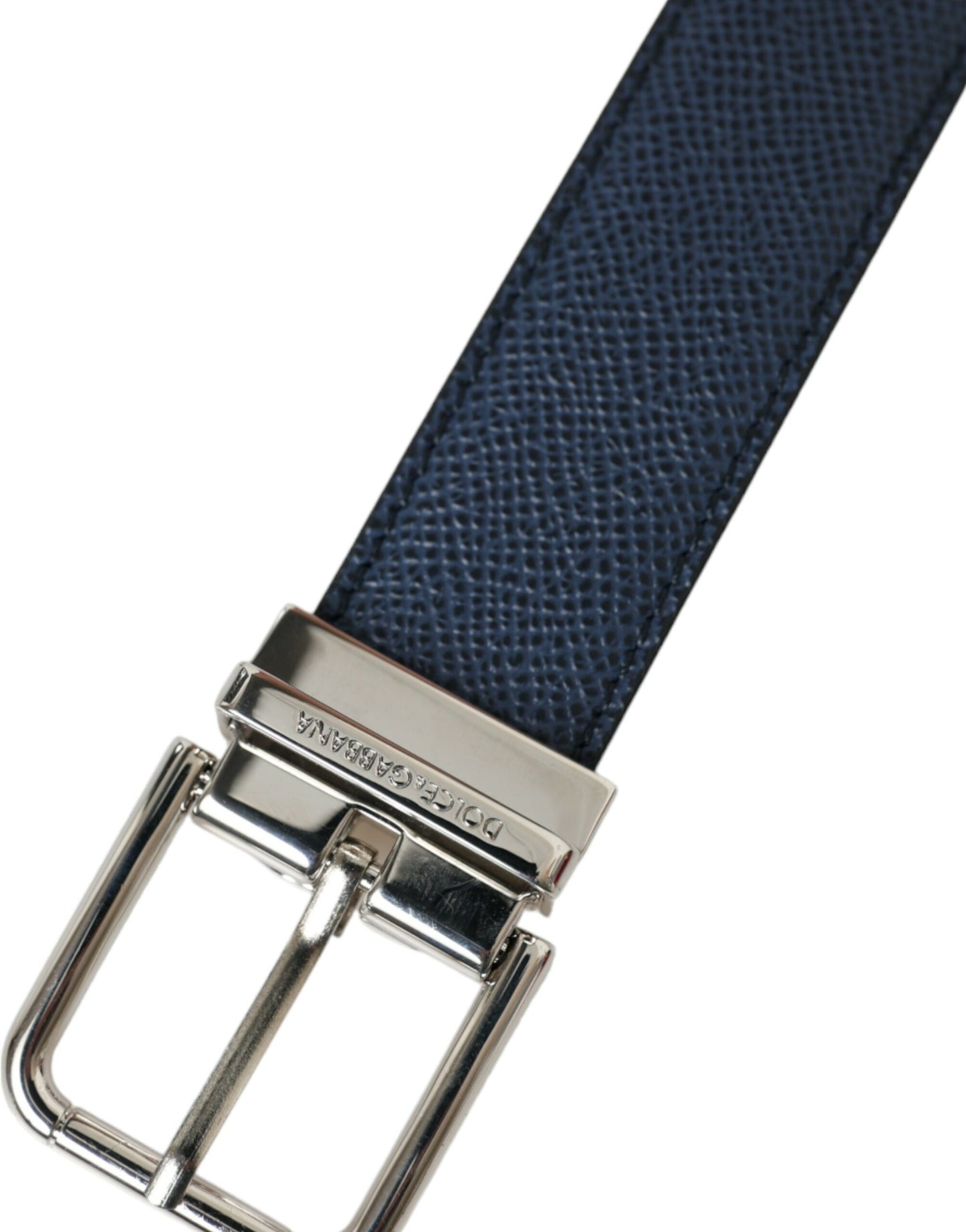 Dolce & Gabbana Navy Blue Leather Silver Metal Buckle Belt