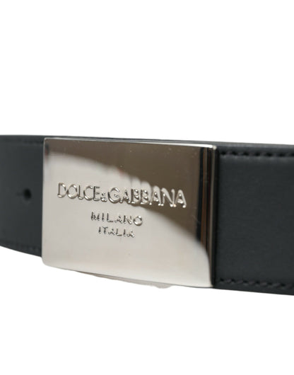 Dolce & Gabbana Black Leather Silver Square Metal Buckle Belt