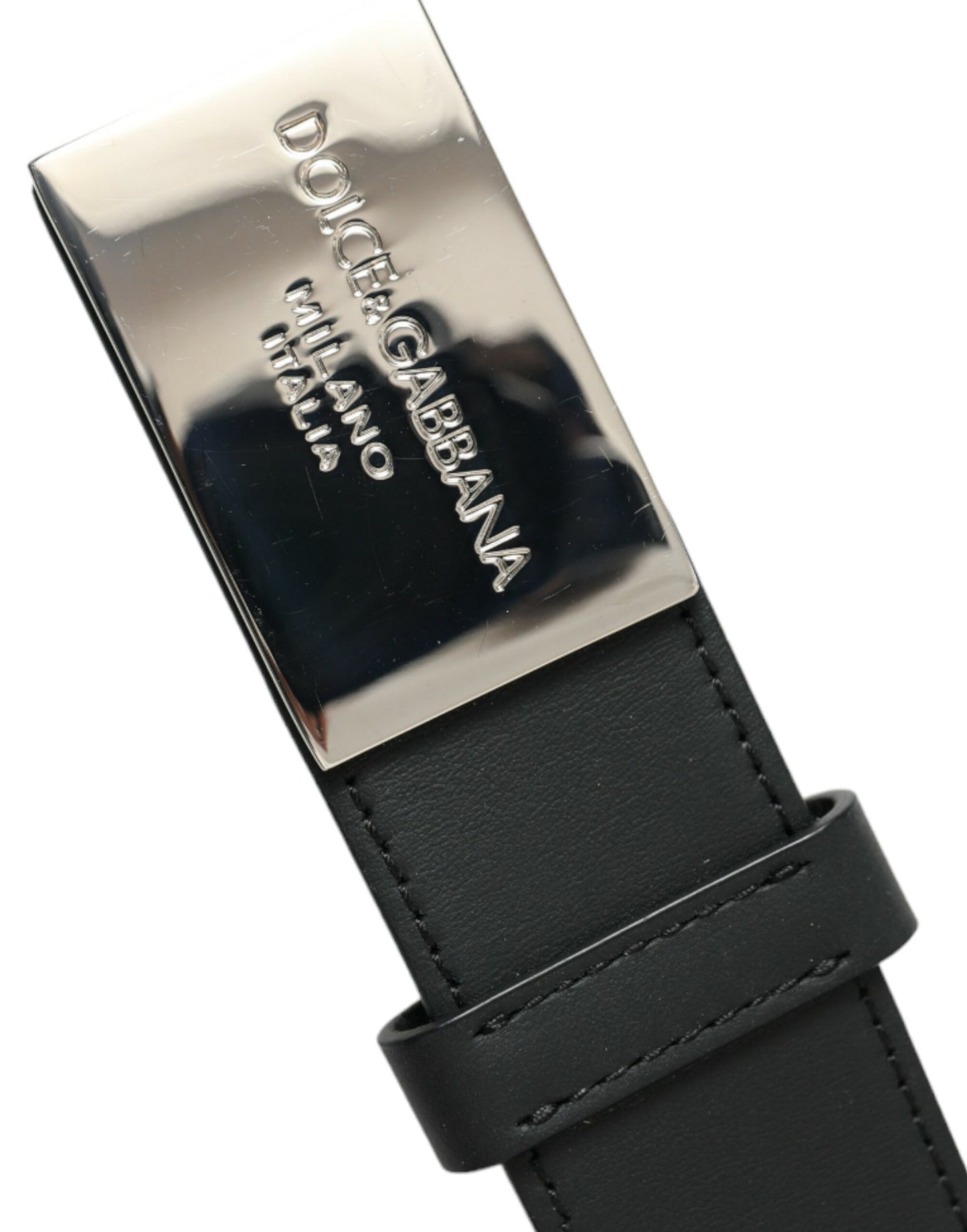 Dolce & Gabbana Black Leather Silver Square Metal Buckle Belt