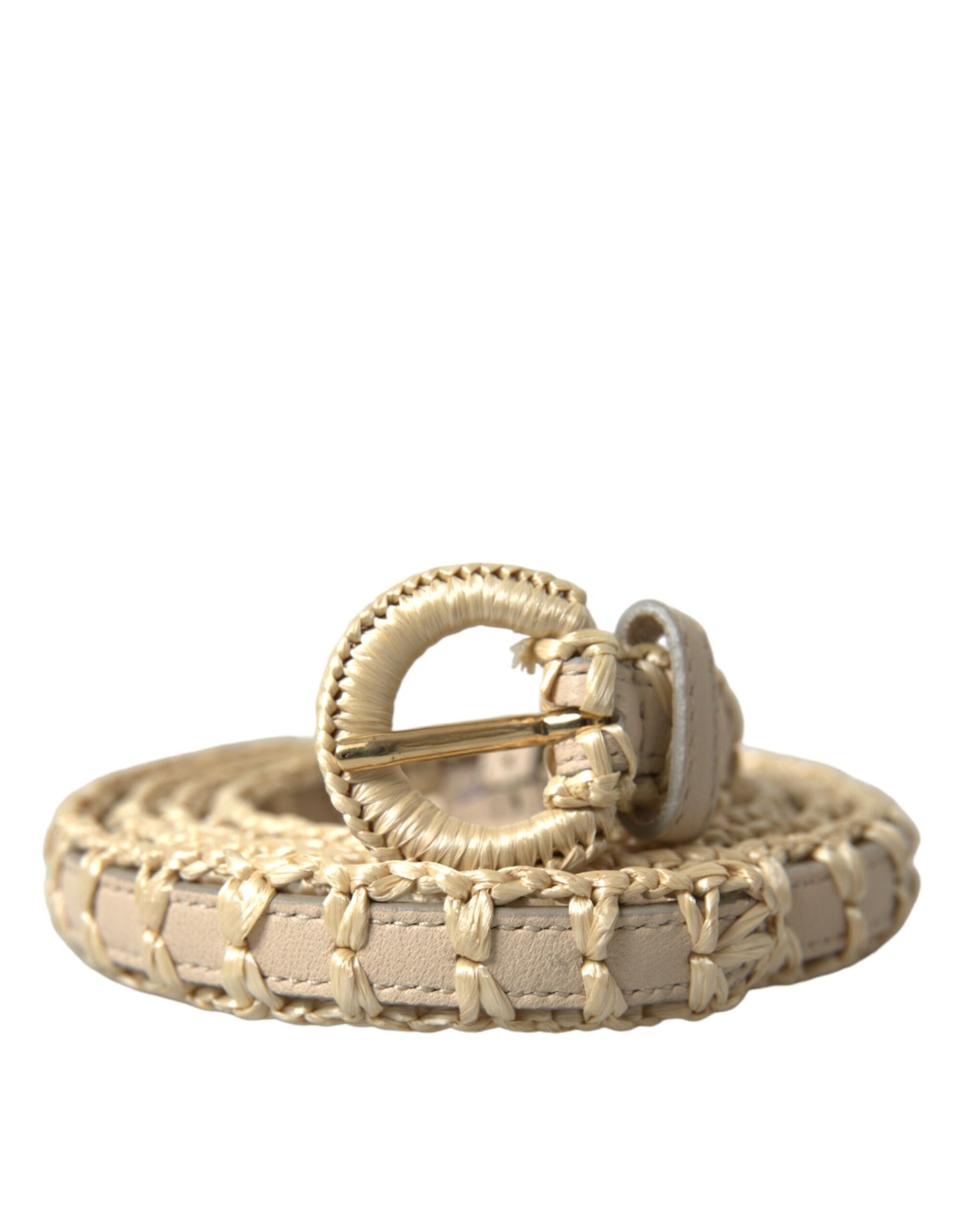 Dolce & Gabbana Beige Raffia Leather Metal Buckle Belt