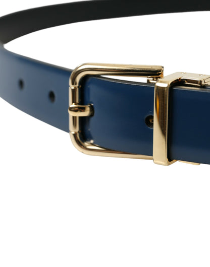 Dolce & Gabbana Blue Calf Leather Gold Metal Buckle Belt