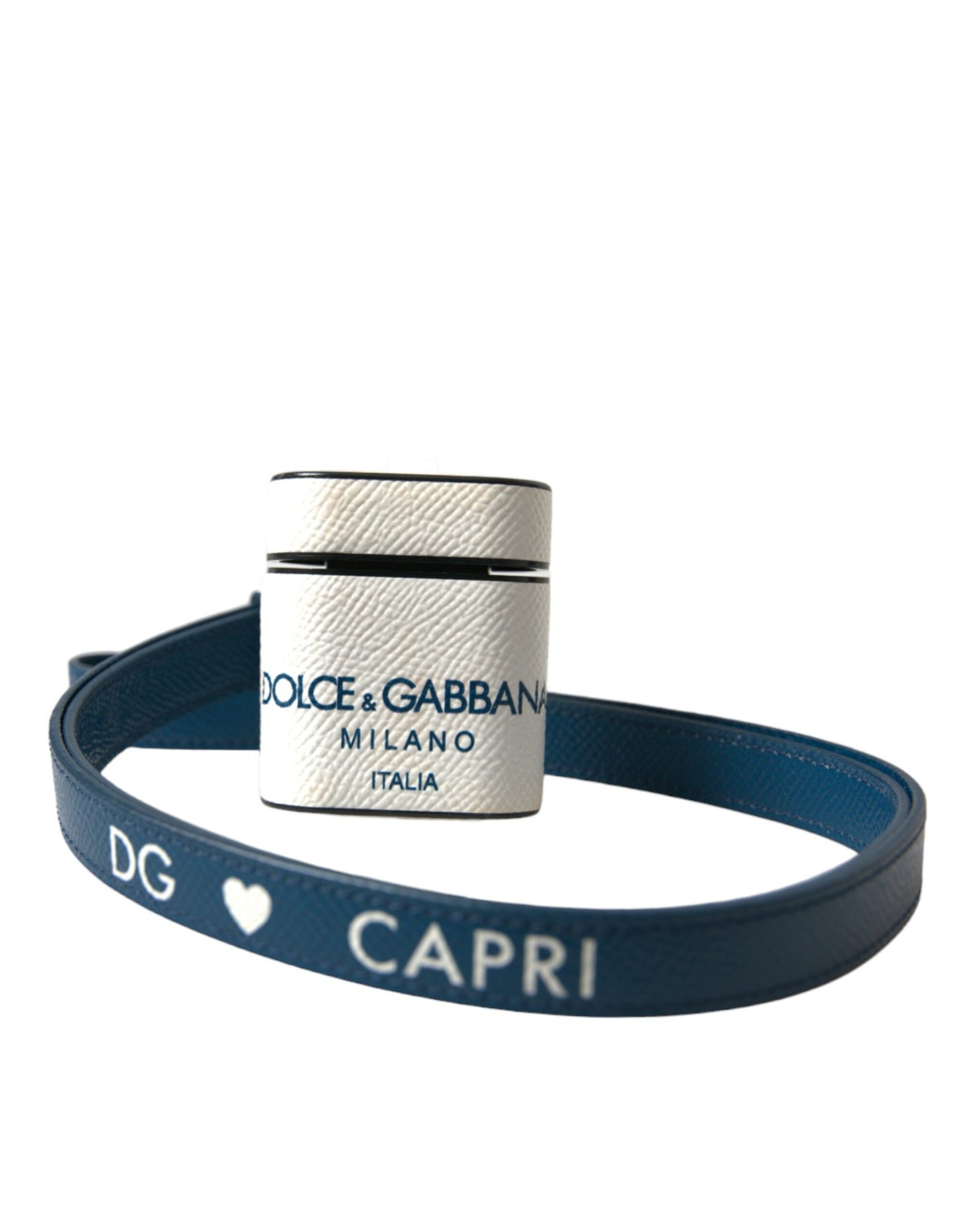 Dolce & Gabbana White Blue Calf Leather Logo Print Strap Airpods Case