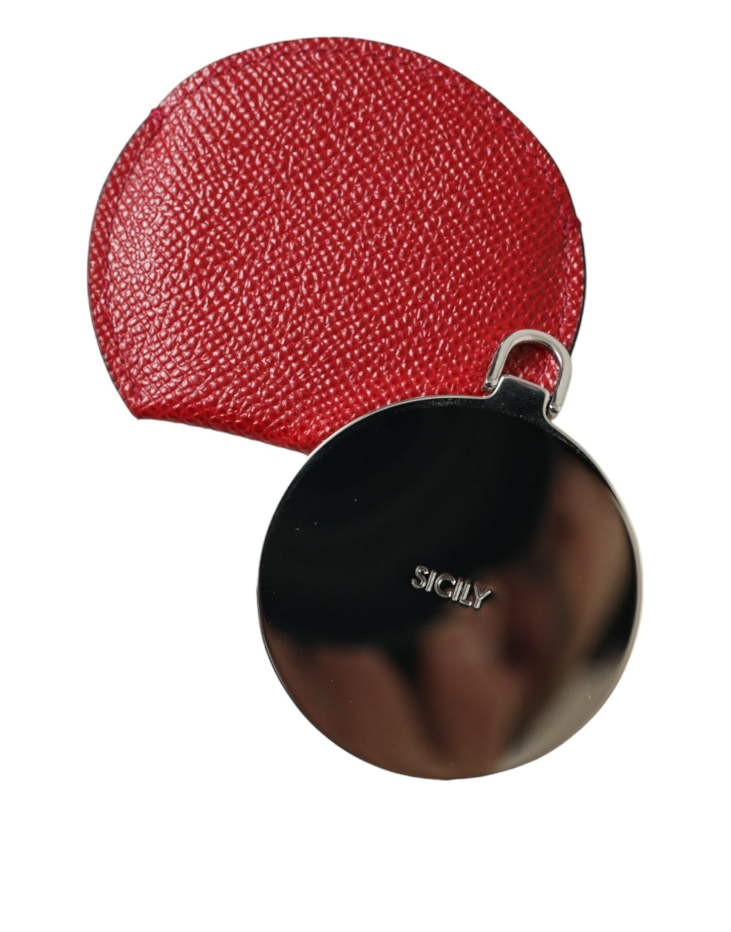 Dolce & Gabbana Red Calfskin Leather Round Logo Hand Mirror Holder