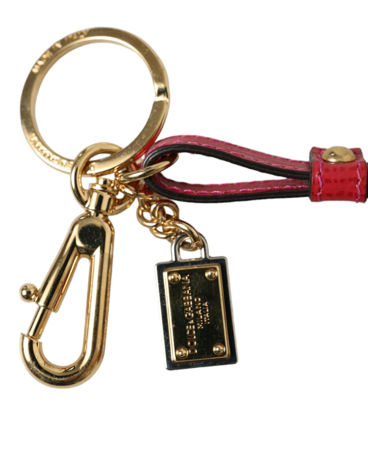 Dolce & Gabbana Red Calf Leather Gold Metal Logo Plaque Keyring Keychain