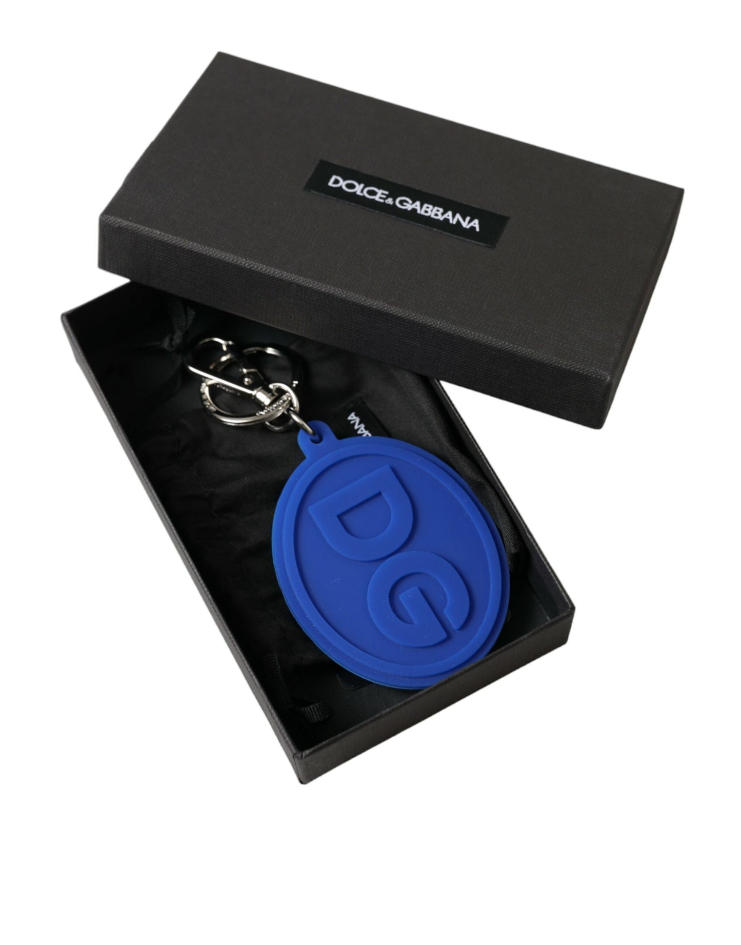 Dolce & Gabbana Blue Rubber DG Logo Silver Brass Metal Keyring Keychain