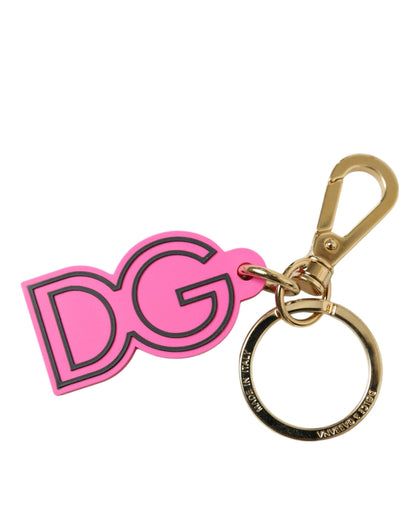 Dolce & Gabbana Pink Rubber Gold Tone Metal DG Logo Keyring Keychain