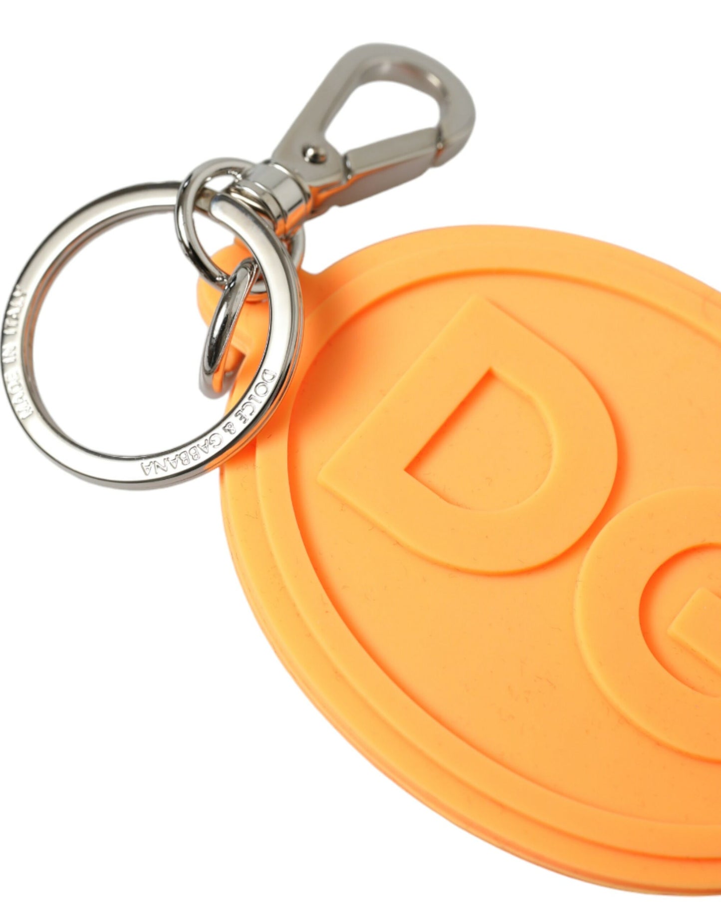 Dolce & Gabbana Orange Rubber DG Logo Silver Brass Metal Keyring Keychain