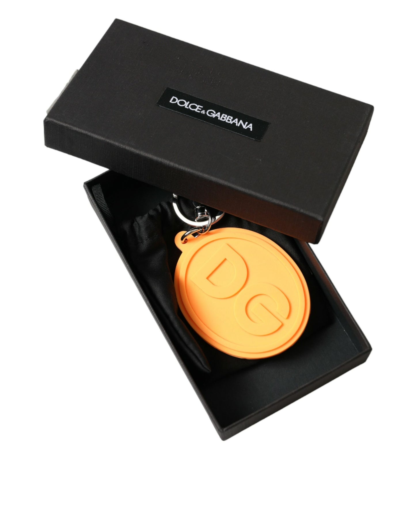 Dolce & Gabbana Orange Rubber DG Logo Silver Brass Metal Keyring Keychain