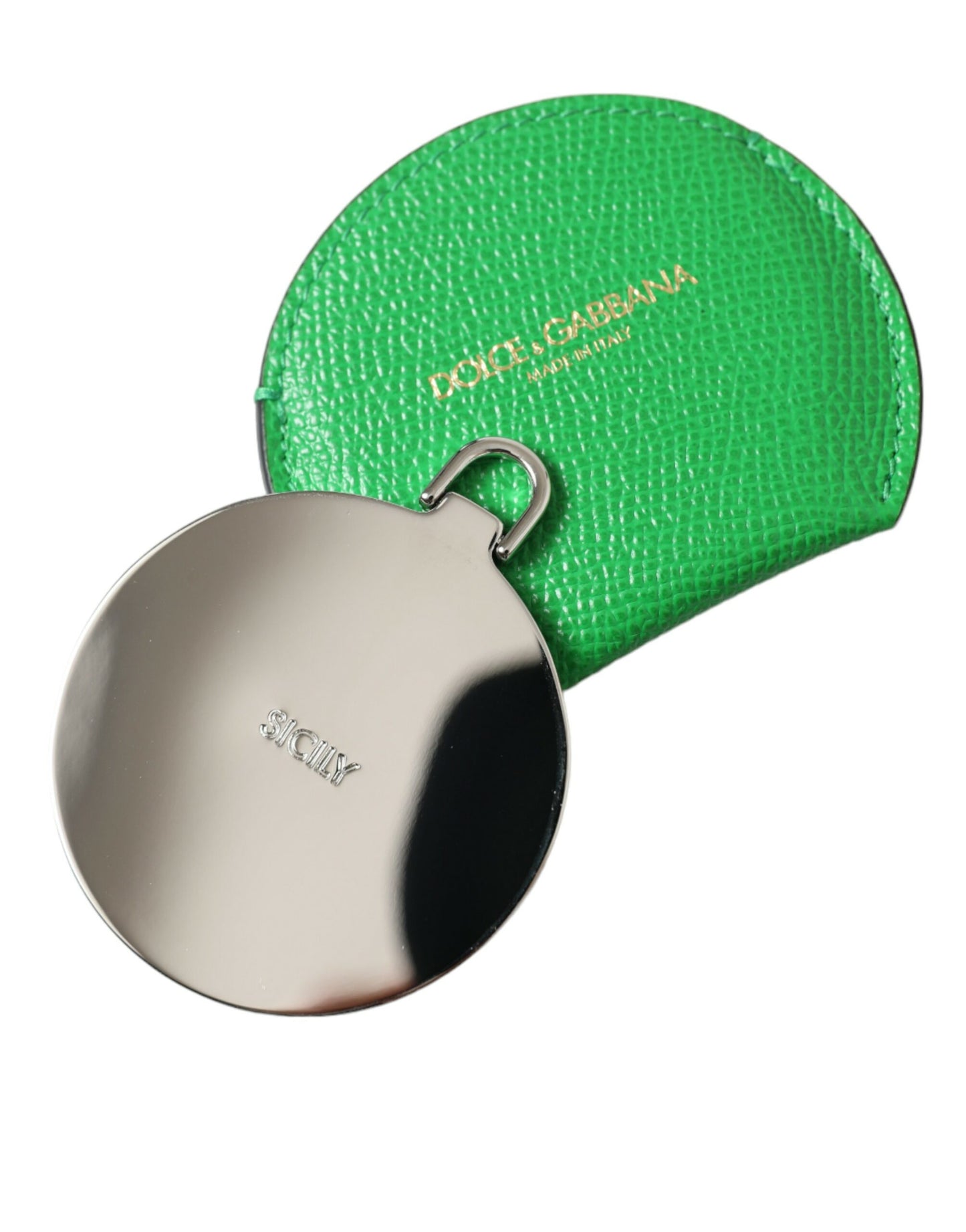 Dolce & Gabbana Green Calfskin Leather Round Logo Hand Mirror Holder