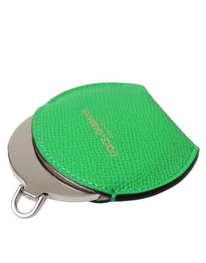 Dolce & Gabbana Green Calfskin Leather Round Logo Hand Mirror Holder