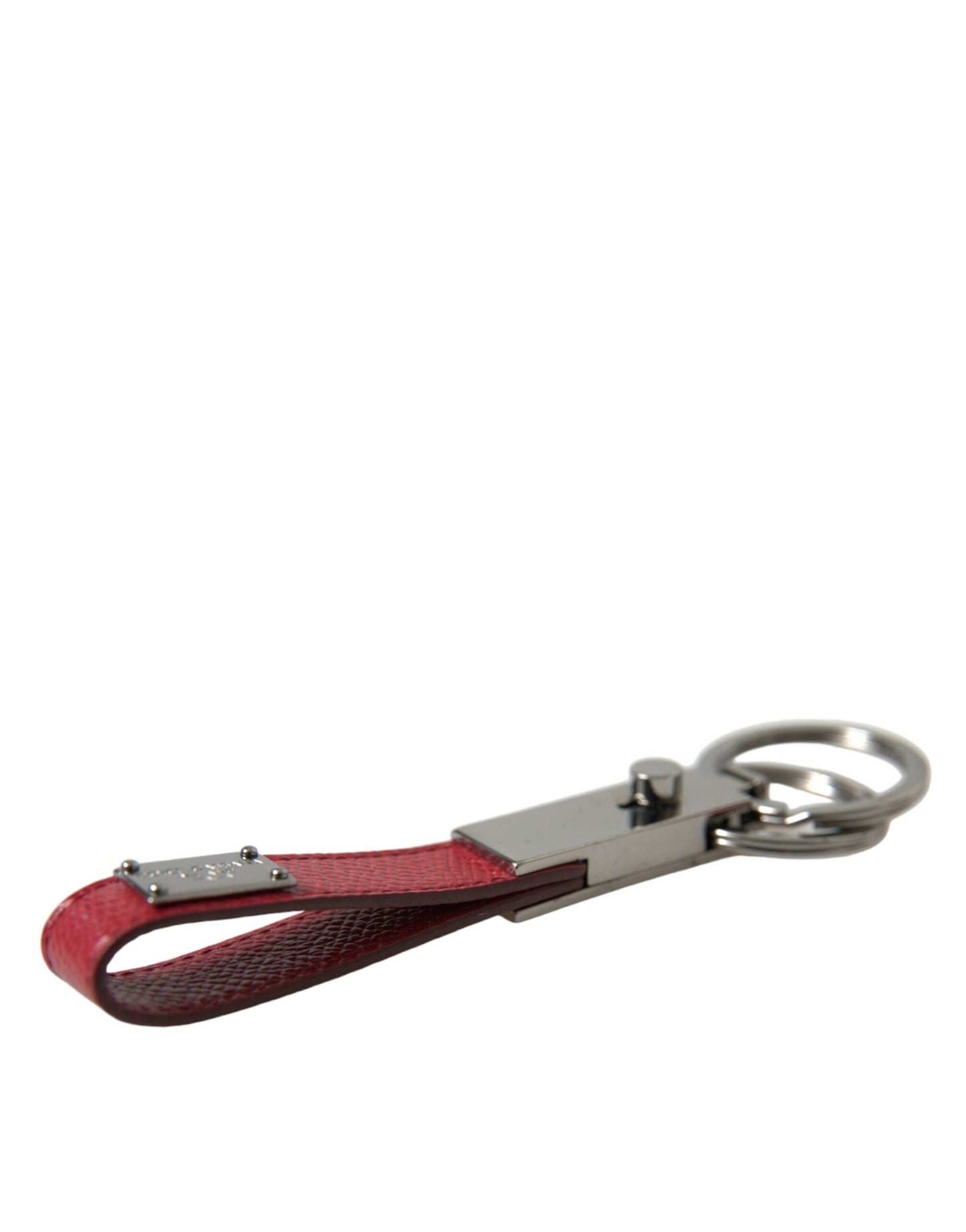 Dolce & Gabbana Red Leather Logo Plaque Silver Brass Keyring Keychain