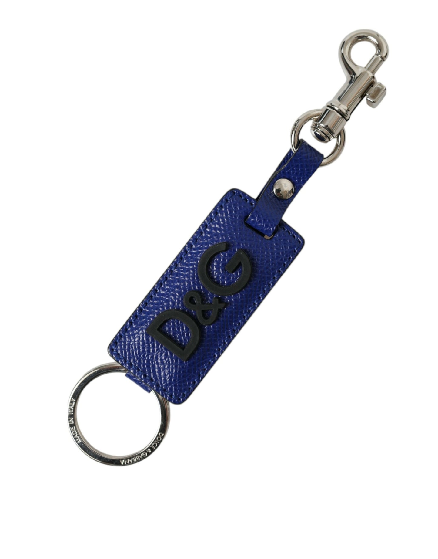 Dolce & Gabbana Blue Calf Leather DG Logo Silver Brass Keyring Keychain