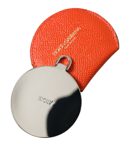 Dolce & Gabbana Orange Calfskin Leather Round Logo Hand Mirror Holder