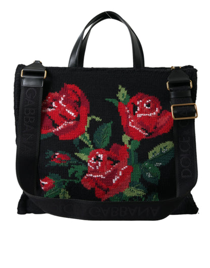 Dolce & Gabbana Black Cashmere Rose Embroidery Shopping Tote Bag