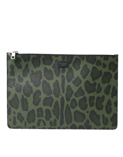 Dolce & Gabbana Green Logo Patch Leopard Leather Clutch Bag