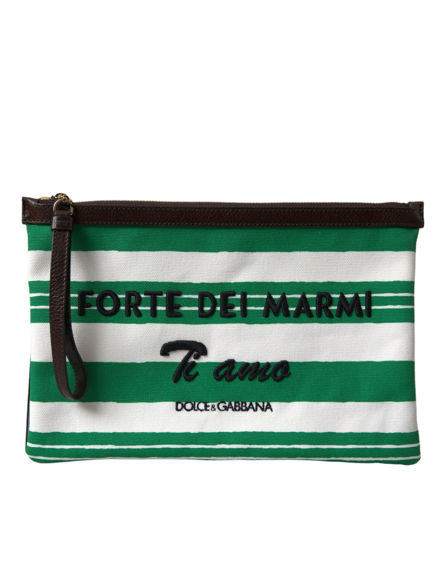 Dolce & Gabbana White Green Stripes Cotton Printed Clutch Bag