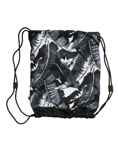 Dolce & Gabbana Black Leaf Print Adjustable Drawstring Nap Sack Bag