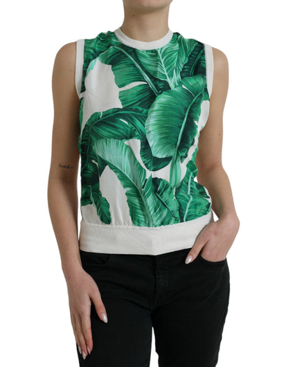 Dolce & Gabbana White Banana Leaf Print Crew Neck Tank Top