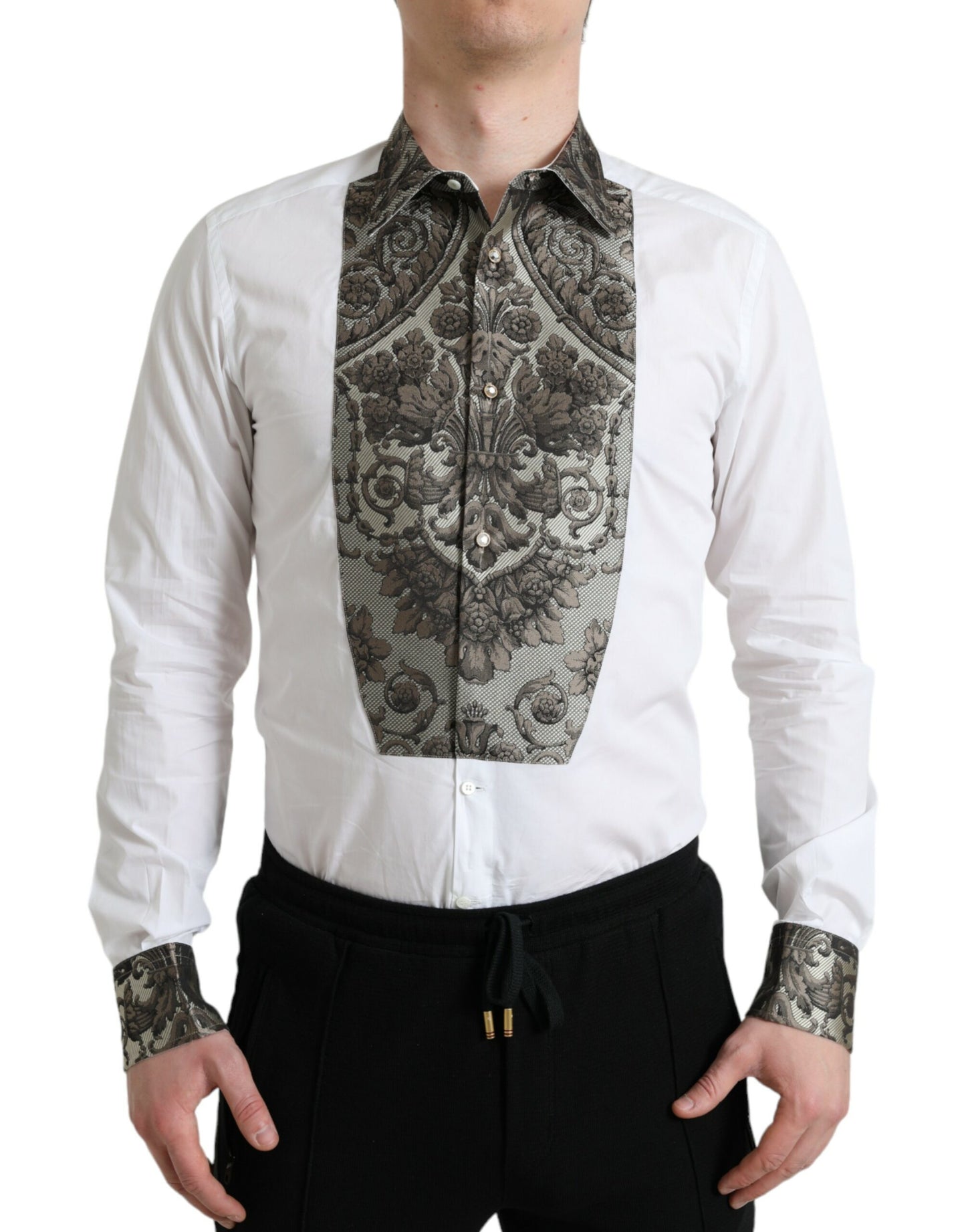 Dolce & Gabbana White Floral Brocade GOLD Dress Shirt