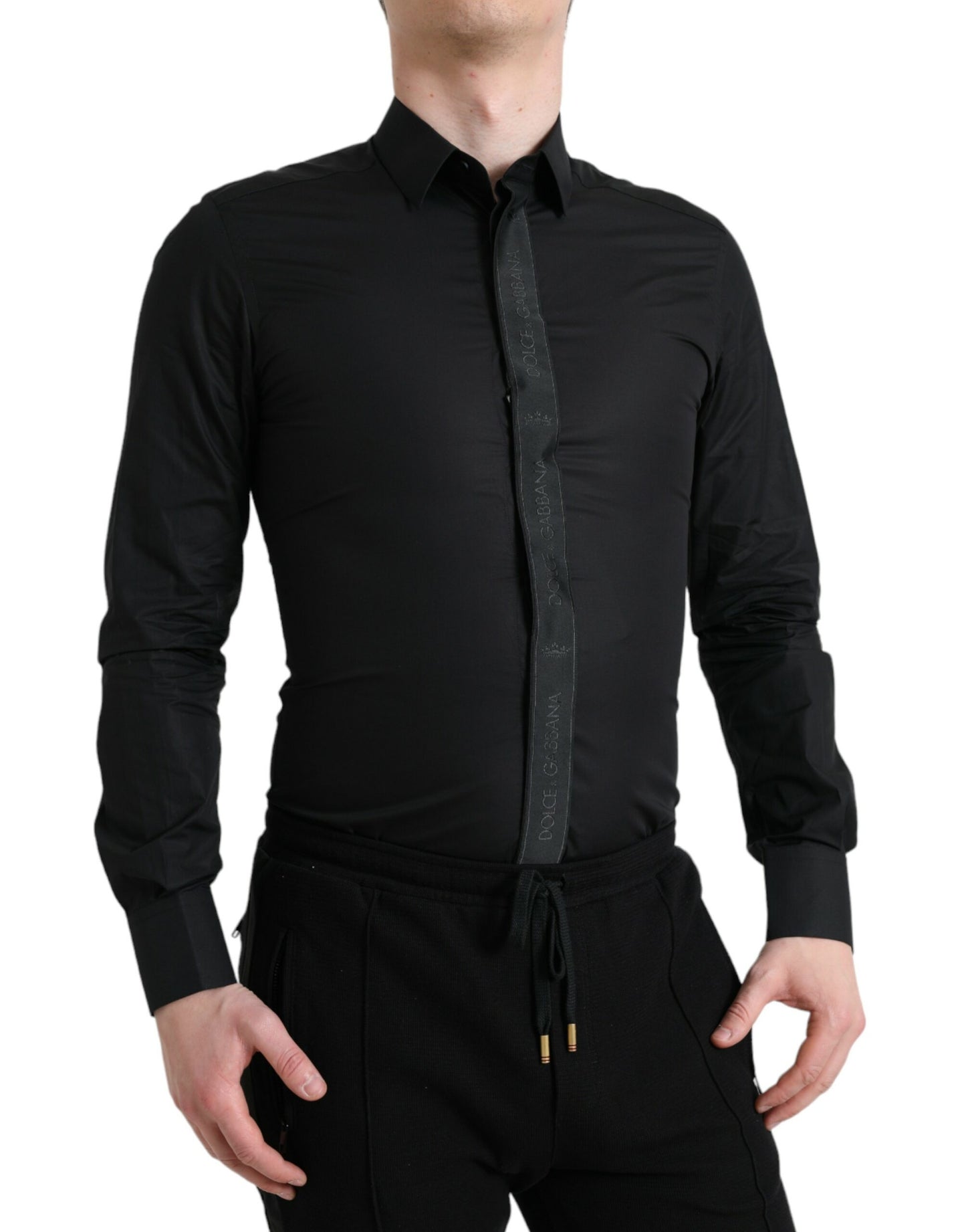 Dolce & Gabbana Black Cotton Logo Formal GOLD Dress Shirt