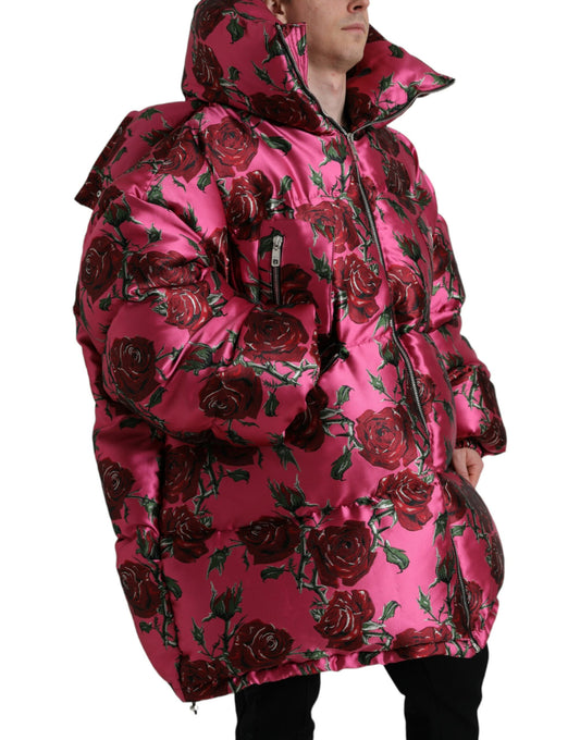 Dolce & Gabbana Pink Roses Pattern Hooded Padded Zip Jacket