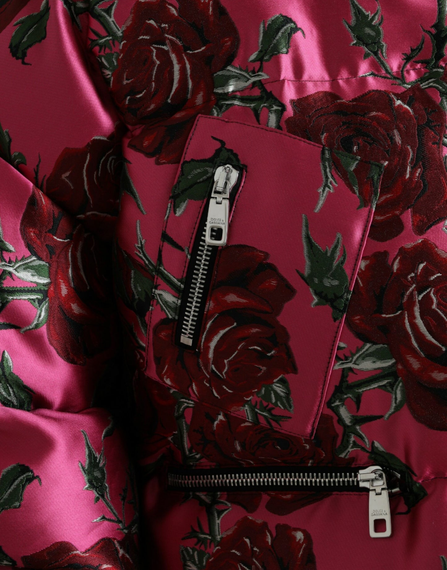 Dolce & Gabbana Pink Roses Pattern Hooded Padded Zip Jacket