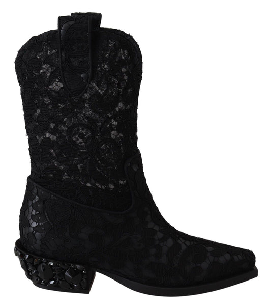 Dolce & Gabbana Black Lace Taormina Ankle Cowboy Crystal Shoes